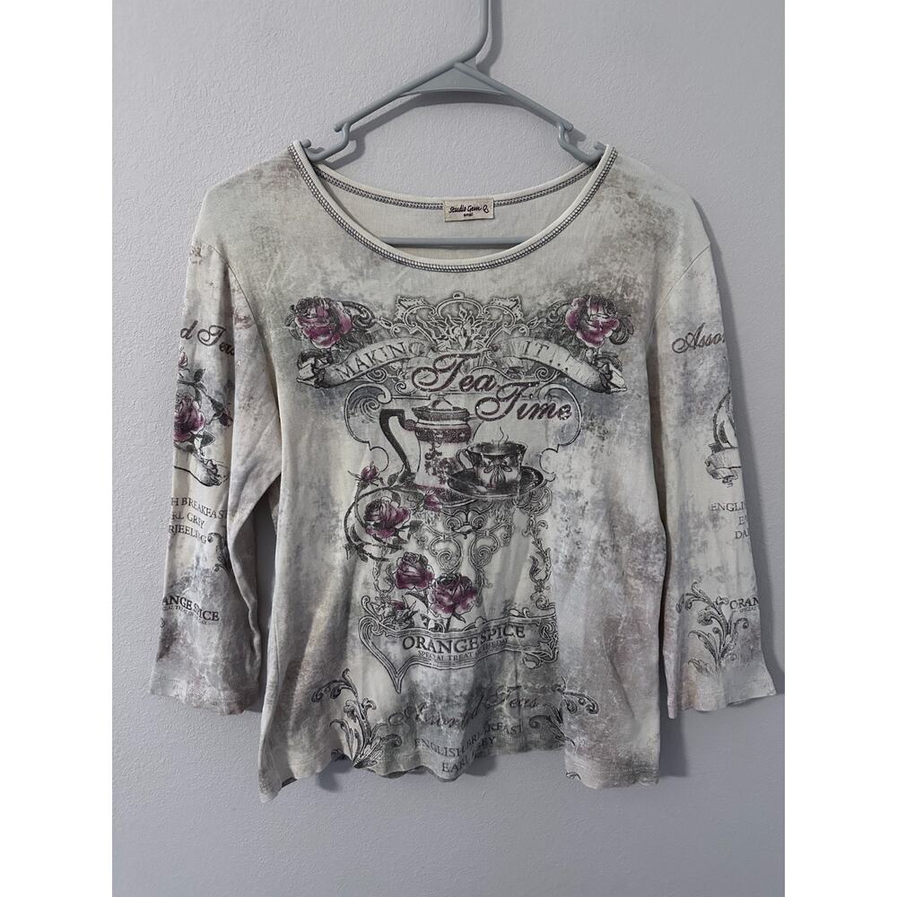 Vintage style tea time y2k quarter sleeve sequin dazzle diamond shirt size small